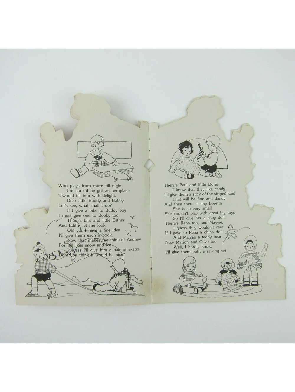 Antique Christmas Card Booklet Story Die-cut Santa Toys Rocking Horse Teddy Bear